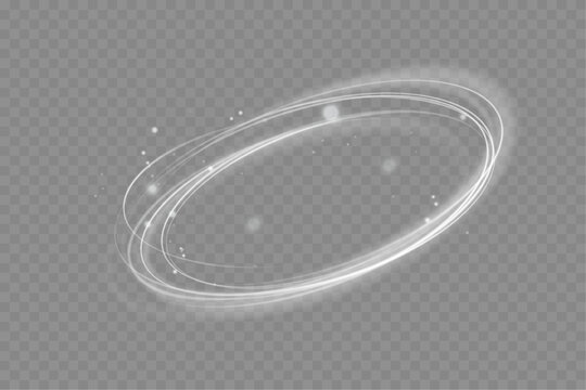 Motion circle light wave. Glowing round swirl lines with glitter particles. Glitter sparkle swirl trail effect. Sparkling magic white fire circle ring footprint. Bokeh effect. Smoke flow. Vector.
