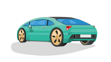 Sleek turquoise cartoon style car. With gold wheels is shown from a rear three quarter view on a white background. It has tinted windows and a dark roof suggesting a modern sporty design.
