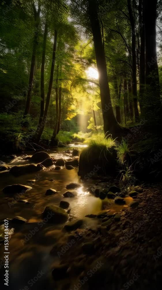 Aufkleber sunlight filtering through dense trees over shallow stream with smooth rocks in lush forest, long ex