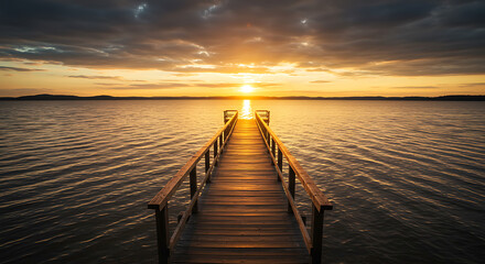 Fototapeta premium Wooden Pier Leading to Sunset Over Calm Lake