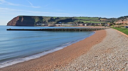 Scenic coastal view of a pebble beach, calm sea, breakwater, and a red cliff in the background under a clear blue sky