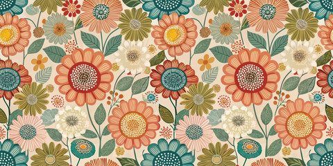 Vibrant floral pattern with colorful flowers and leaves on a cream background.