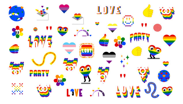 Celebrate love, freedom, and self-expression with this vibrant pack of 47 LGBT Pride stickers. Bold rainbow colors and transparent backgrounds make them easy to use in creative projects. - Powered by Adobe