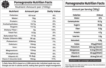 Pomegranate Nutrition Facts, Supplement Facts label design, nutrition information.