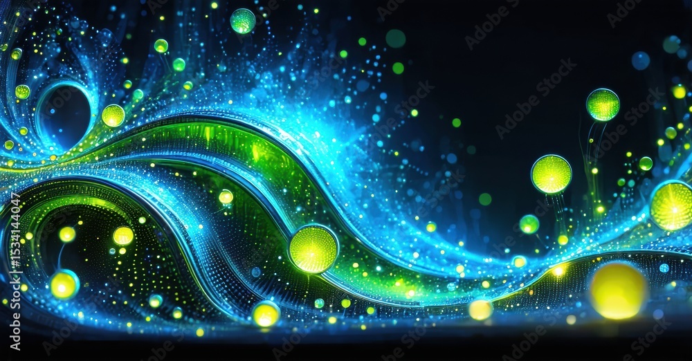 Poster abstract waves, vibrant colors, glowing orbs create dynamic energy. light radiates from swirling pat