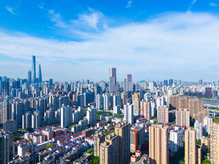 Aerial view of Shanghai skyscraper in downtown with blue sky background.