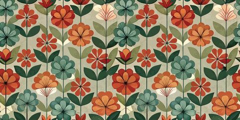 Colorful floral pattern with vibrant flowers and leaves in a vintage style.