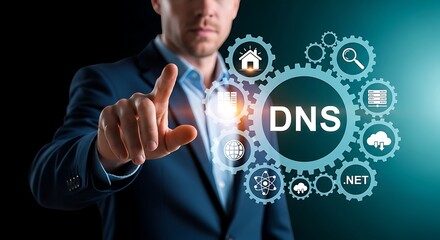 DNS domain name system and web server network system concept . website name,Hosting on website creation,Domain Registration and Url Address for web page,Cyber Security and Global Internet Connections
