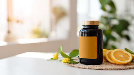 Orange vitamin bottle mockup with sliced citrus on white background