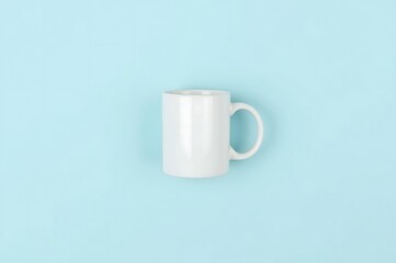 A modern, minimalist photo featuring a white ceramic coffee mug placed in the center of a solid pastel blue background