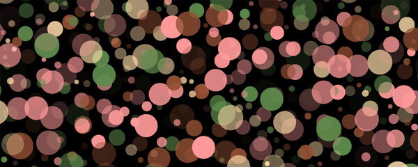 Pink gold confetti circle decoration for Christmas banner background. Bokeh lights effect vector. Gold, pink and rose color round confetti dots, circles scatter on black. Beautiful bokeh background.