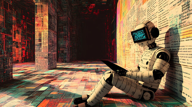Astronaut in a digital library, reading from a tablet amidst colorful, data-filled walls.