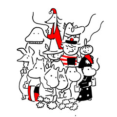 Moomin-like characters enjoying hot drinks, charming gathering