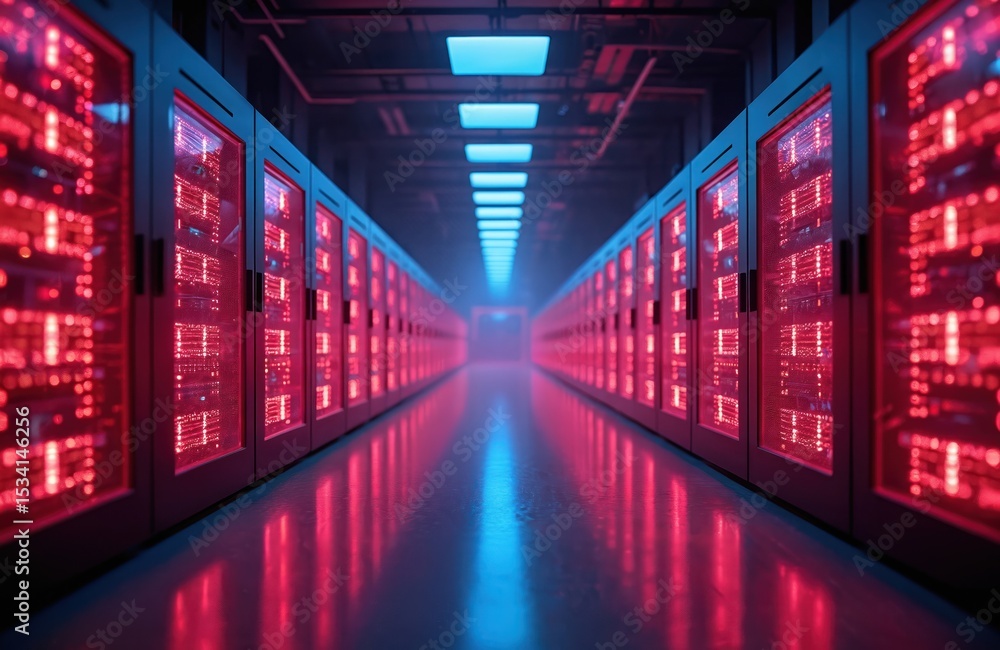 Aufkleber futuristic data tech center with server racks. modern design interior with digital equipment. server