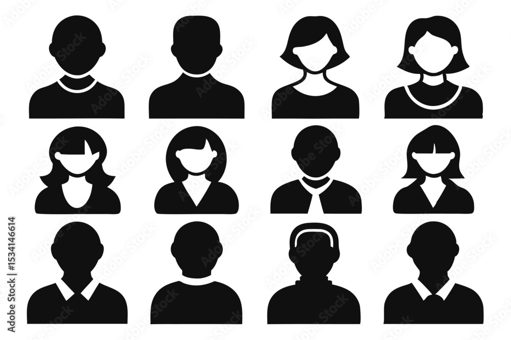 Poster silhouetted icons representing diverse individuals perfect for profiles or user interface elements