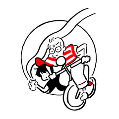 Obraz premium Two characters on a bike in a circle, quirky and dynamic