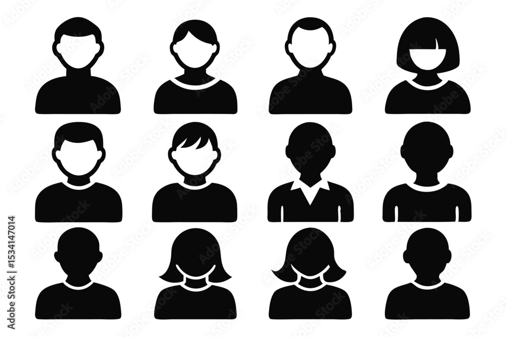 Poster simple black and white icons representing diverse people for design and user interface