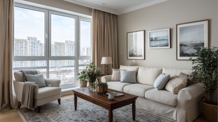 
Sillones blancos y sofá de tela frente a una ventana con cortinas beige. Diseño de interiores de una sala de estar moderna.
