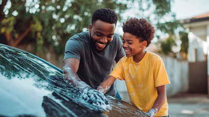 A father and son washing a car together outside with soap and water on a sunny day smiling happily