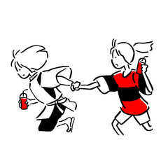 Two people running hand-in-hand with spray cans, urban art