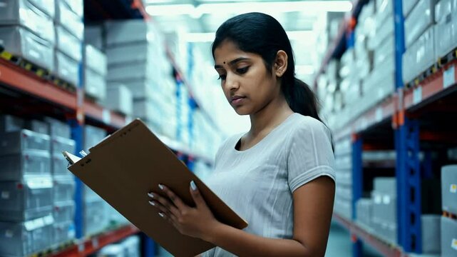 A young serious Indian woman stands in a warehouse with a clipboard. Her clipboard serves as a roadmap, guiding her through the busy warehouse with precision and purpose.