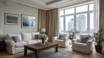 
Sillones blancos y sofá de tela frente a una ventana con cortinas beige. Diseño de interiores de una sala de estar moderna.