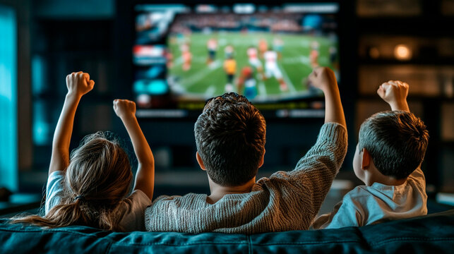Family cheering at television watching football game with raised arms in living room at night time
