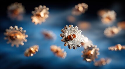 Golden and silver abstract gears floating in harmony, symbolizing precision and interconnected motion