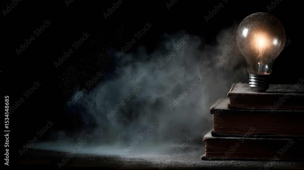 Poster glowing light above a stack of old books with floating dust particles