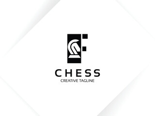 Letter F chess logo design template. Monogram knight logo