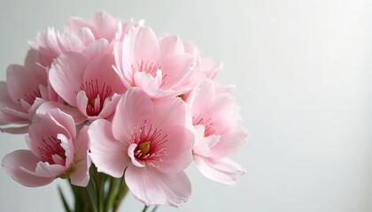 Fototapeta premium Soft pink flowers bunch on white background. Floral arrangement of delicate petals for romantic design. Floral bunch for wedding greeting card. Floral background great for spring holiday decoration.