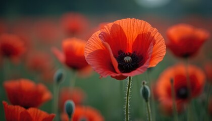 Obraz premium Red poppy flowers in sunlight against blurry green background. Blossom, nature, floral composition with bright vivid petals, detailed stamen. Summer season wildflower beauty, meadow rural scene.