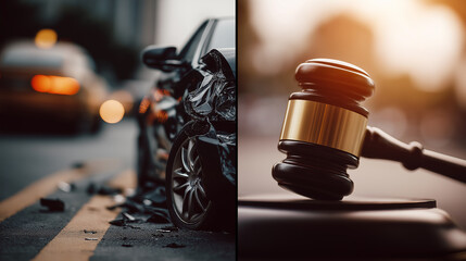 Split Image Depicting a Car Accident and a Judge's Gavel, Representing Vehicle Insurance, Legal Responsibility, Traffic Liability, Auto Damage Claims and Justice in Automotive Disputes