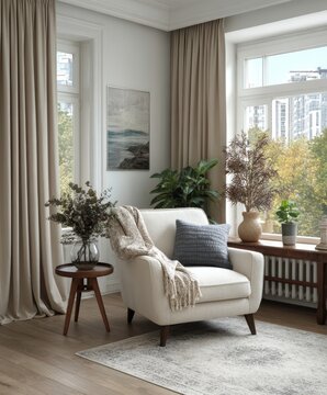 
Sillones blancos y sof&aacute; de tela frente a una ventana con cortinas beige. Dise&ntilde;o de interiores de una sala de estar moderna.