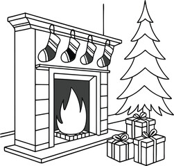 Burning fireplace with Christmas decorations, gifts, and a tree, a warm home interior illustration