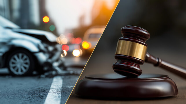 Split Image Depicting a Car Accident and a Judge's Gavel, Representing Vehicle Insurance, Legal Responsibility, Traffic Liability, Auto Damage Claims and Justice in Automotive Disputes