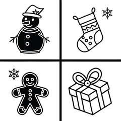 Here's a concise description for a Christmas icon set:

A festive set of Christmas icons featuring cartoon illustrations of Santa, snowman, gift boxes, and decoration ornaments, perfect for holiday ce