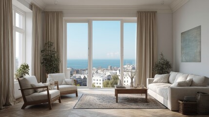 
Sillones blancos y sofá de tela frente a una ventana con cortinas beige. Diseño de interiores de una sala de estar moderna.