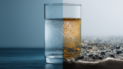 Split Glass Concept Showing Clean and Polluted Water, Representing Water Scarcity, Contamination, Environmental Degradation, Sustainability Challenges and the Global Need for Clean Drinking Resources