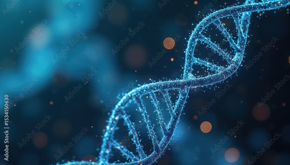 Poster Futuristic digital DNA helix. Concept use of bioinformatic technologies. Genetic mapping visualisation. Molecular structure illustration. Science, medicine, biology, innovation, research, digital.