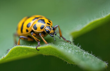 Fototapeta premium Close-up shot of Cucumber Beetle on green leaf. Yellow body with black spots. Insect sits on green leaf with visible fine hairs. Macro photo shows details of bug. Wildlife eco theme.