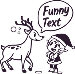 Christmas card with cute cartoon reindeer, Santa Claus, and festive winter wildlife vector illustration