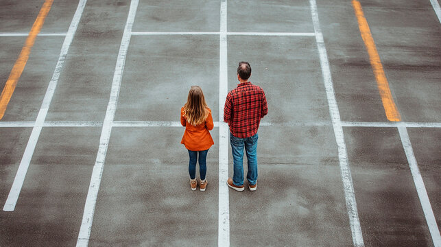 A couple stands in a parking lot with white and yellow lines on the gray concrete surface overhead shot