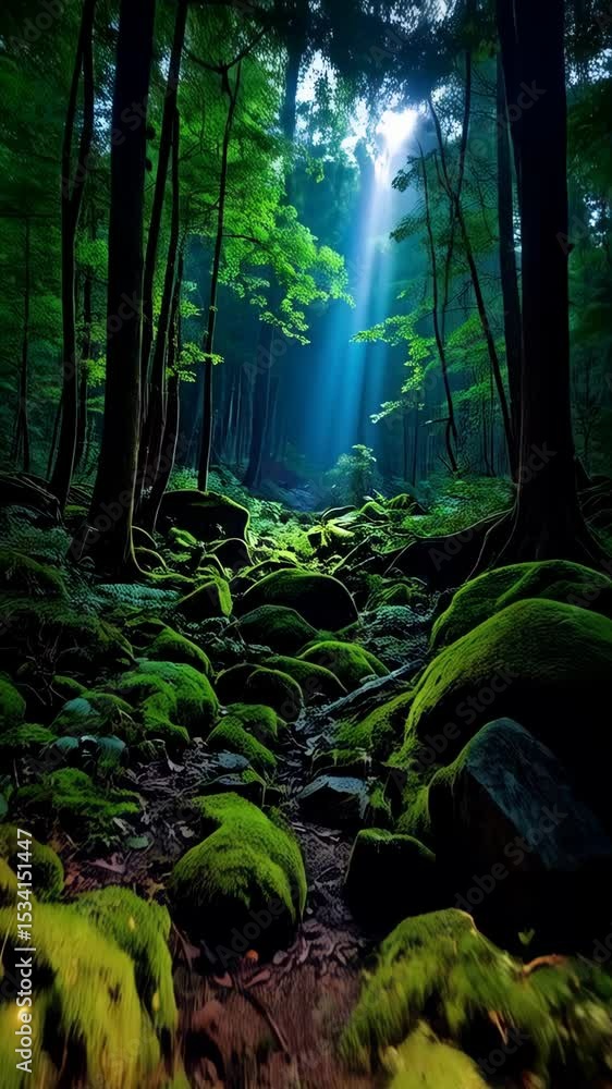 Aufkleber enchanted forest path lined with moss covered rocks and sunbeams shining through dark trees creating