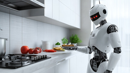 Robot in a Modern Kitchen Preparing Food
