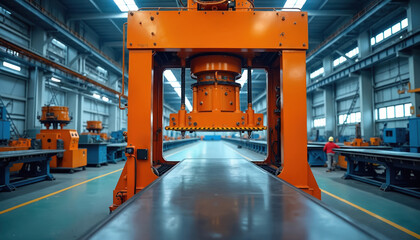 Vibrant industrial scene with an orange hydraulic press in a factory. Metal sheets ready for processing under bright lights. Automation, labor efficiency, performance and manufacturing.