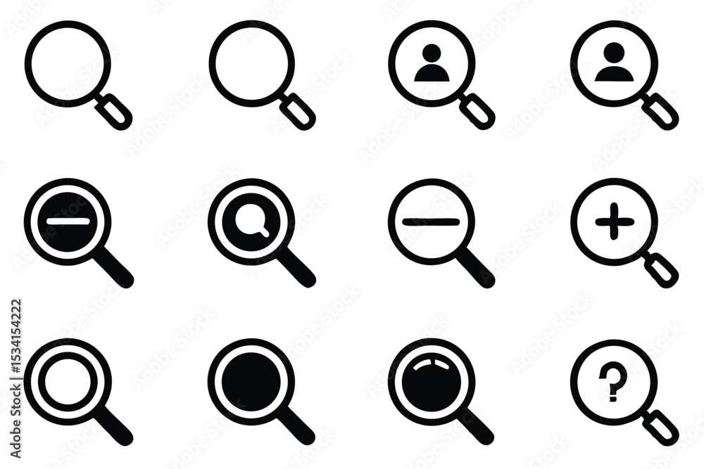 Poster collection of magnifying glass icons illustrating search zoom in zoom out and user interface element