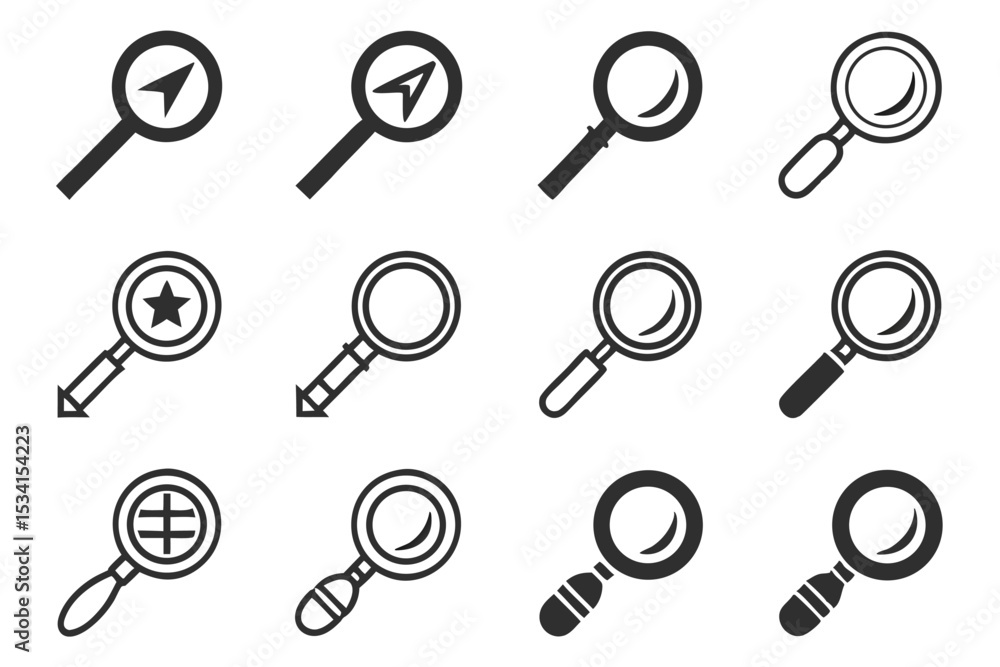 Poster collection of magnifying glass icons showcasing different design concepts and symbolism