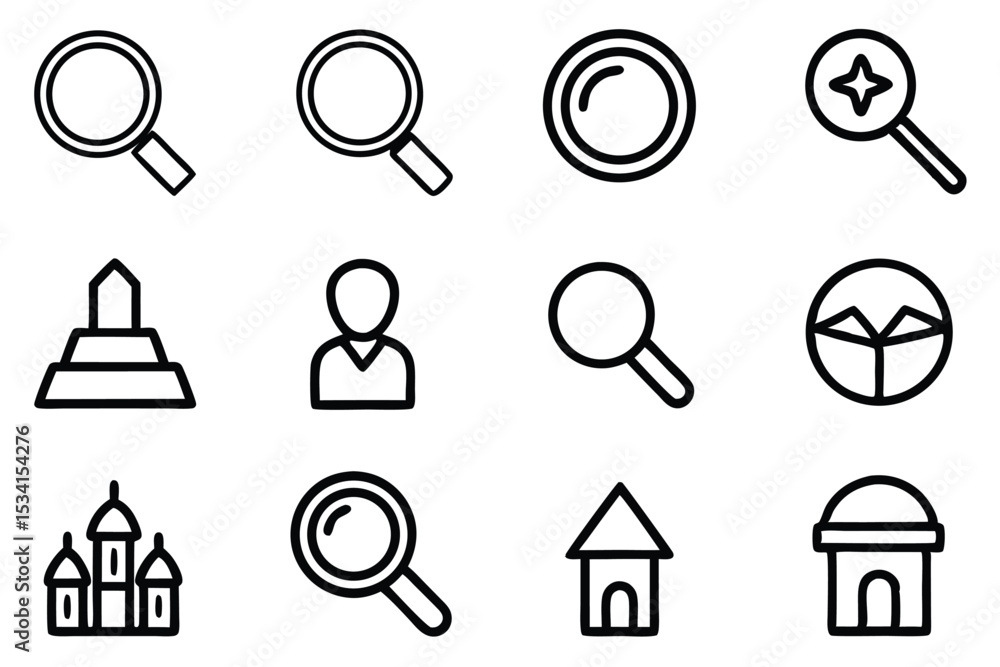 Poster collection of minimalist outline icon set featuring various search related symbols and objects