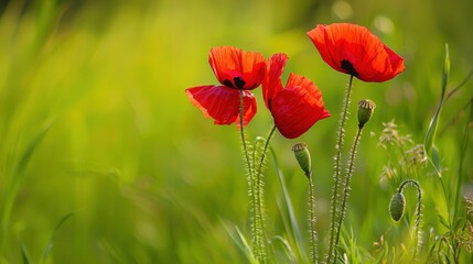 Obraz premium Close up of Vivid Red Poppy Flowers in Green Meadow with Soft Bokeh Background